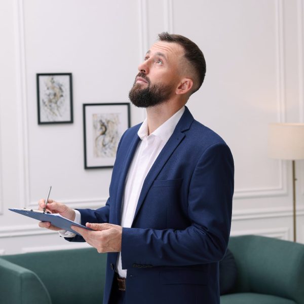 Real estate appraisal. Inspector with clipboard conducting property valuation indoors